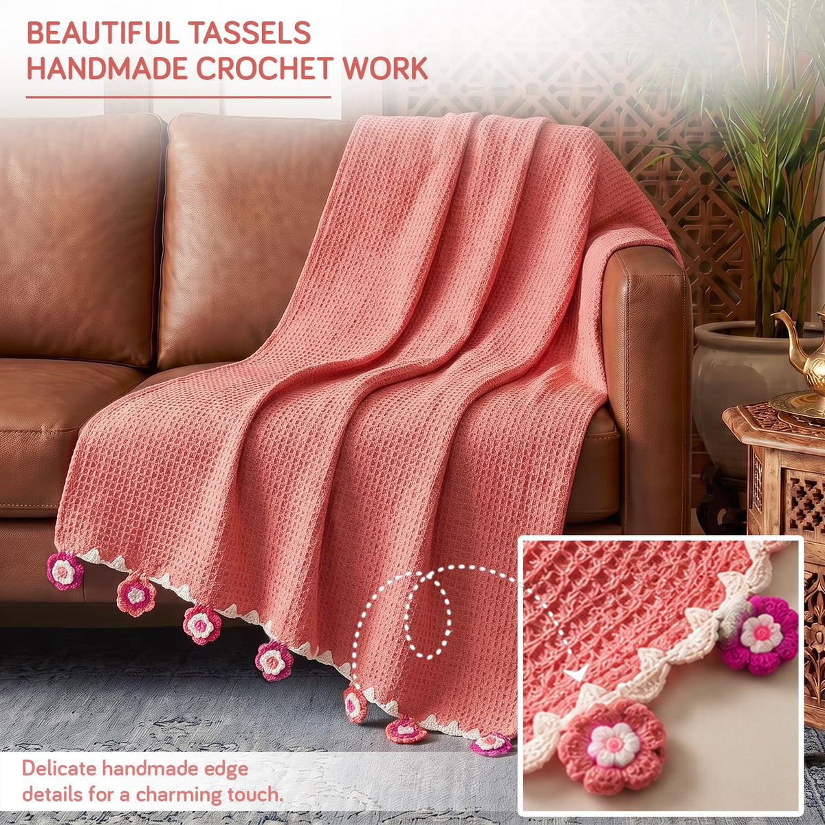 HOKIPO Floral Fringe Waffle Weave Sofa Throw Blanket, 50x60 in, Peach - image 3