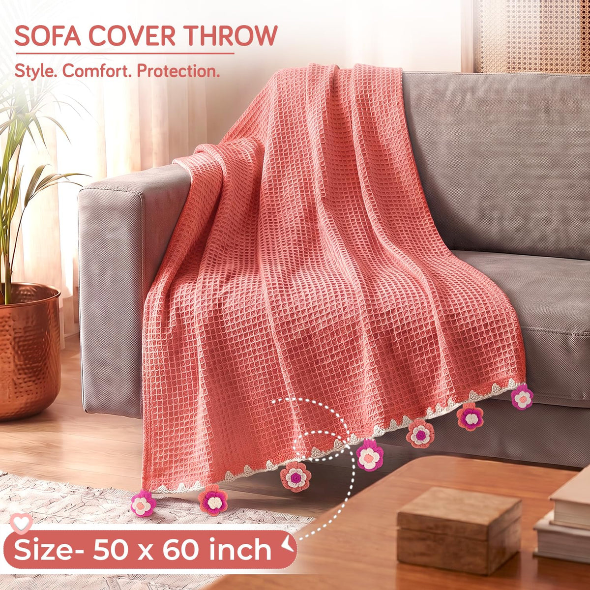 HOKIPO Floral Fringe Waffle Weave Sofa Throw Blanket, 50x60 in, Peach - image 5