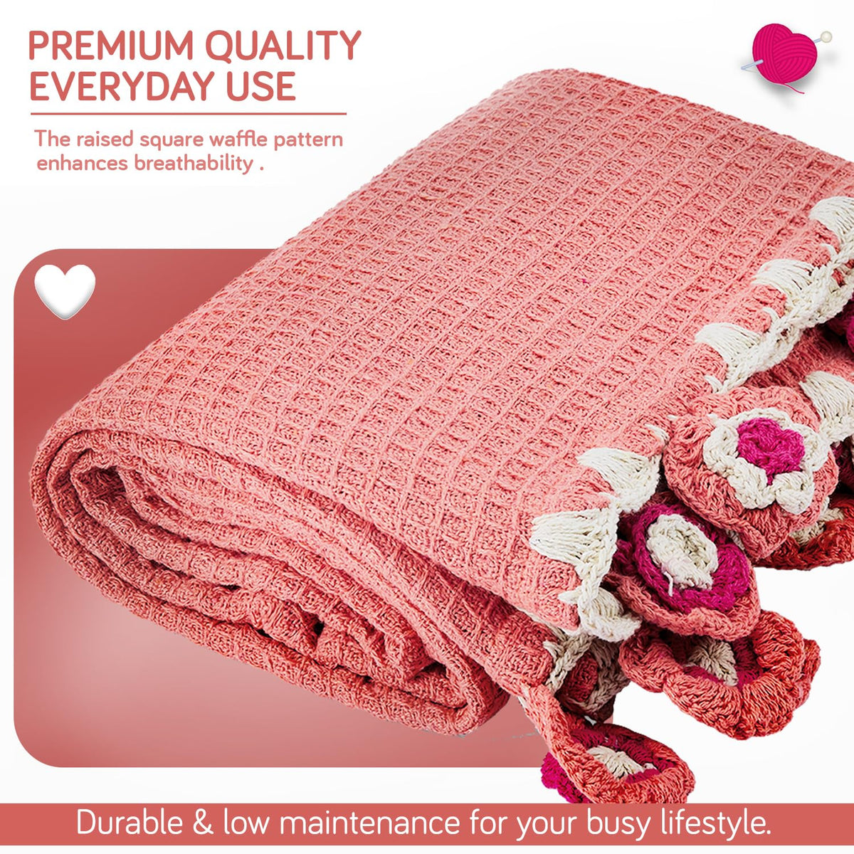 HOKIPO Floral Fringe Waffle Weave Sofa Throw Blanket, 50x60 in, Peach - image 6