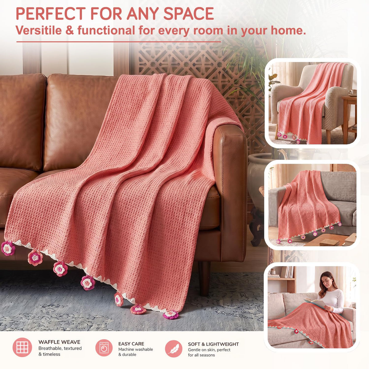 HOKIPO Floral Fringe Waffle Weave Sofa Throw Blanket, 50x60 in, Peach - image 7