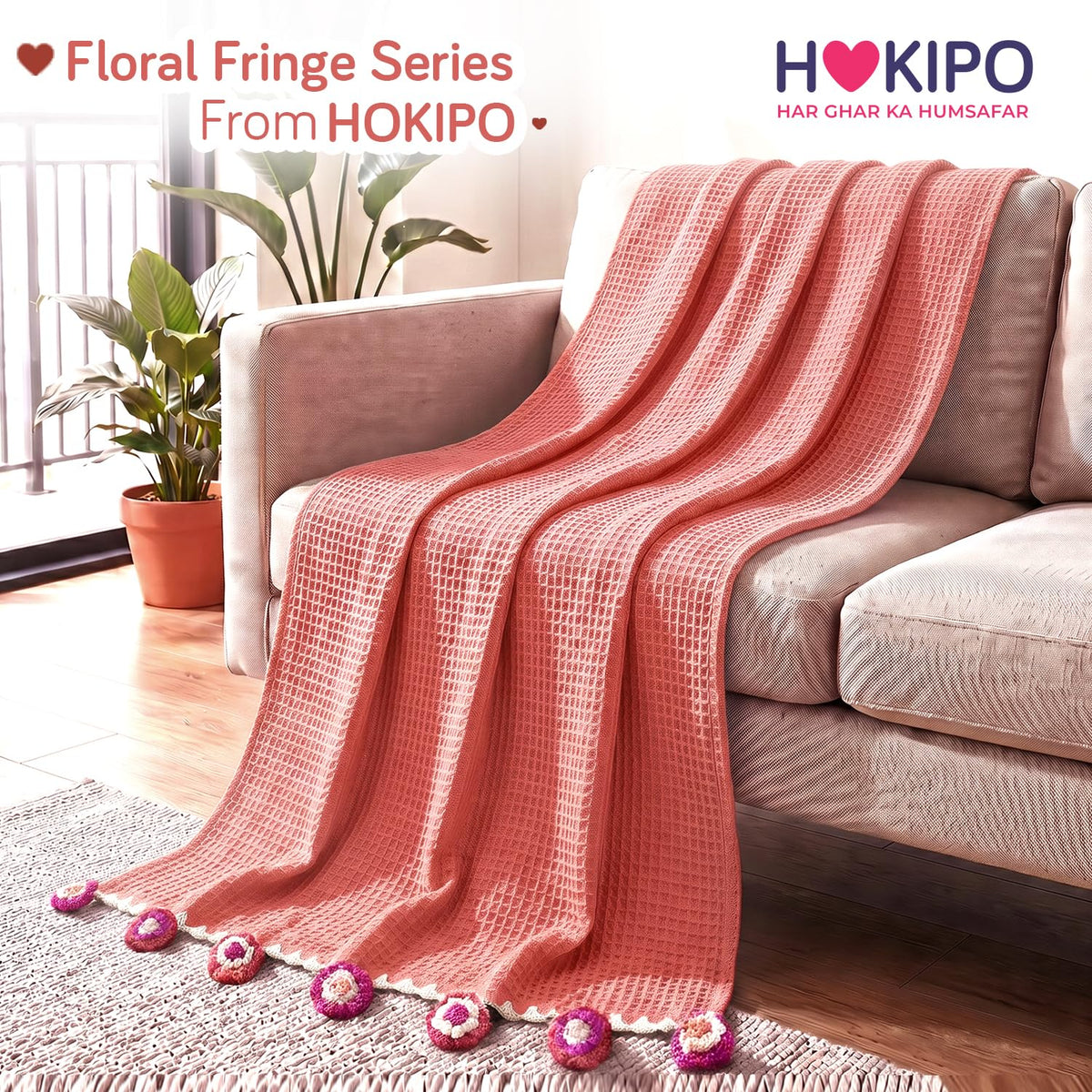HOKIPO Floral Fringe Waffle Weave Sofa Throw Blanket, 50x60 in, Peach - image 8