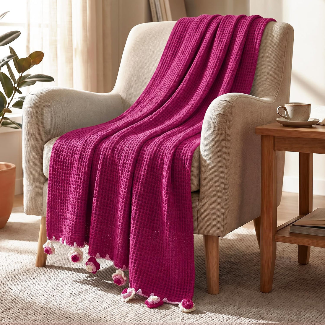 HOKIPO Floral Fringe Waffle Weave Sofa Throw Blanket, 50x60 in, Dark Pink - image 1
