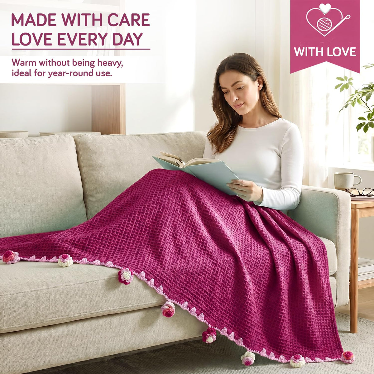 HOKIPO Floral Fringe Waffle Weave Sofa Throw Blanket, 50x60 in, Dark Pink - image 2