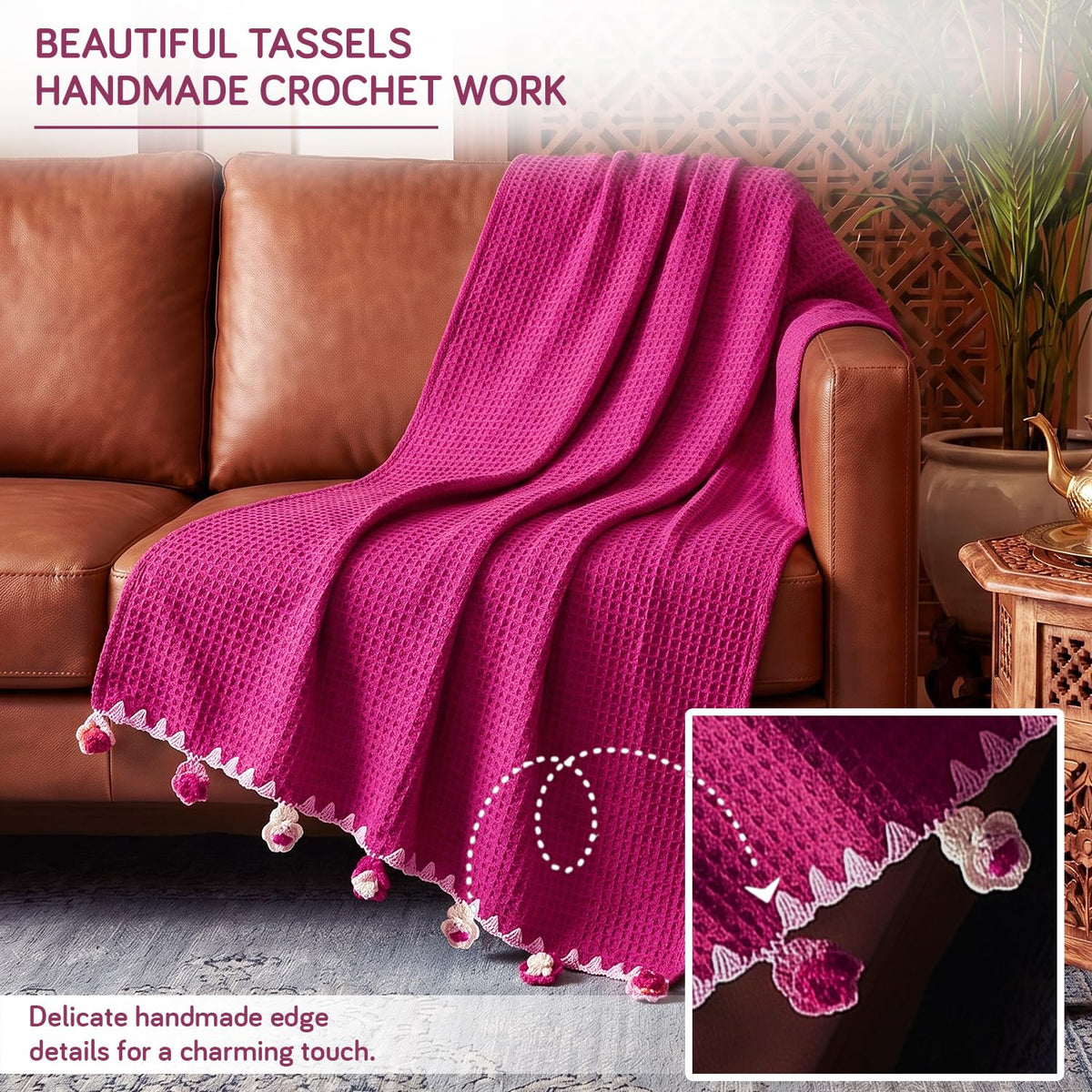 HOKIPO Floral Fringe Waffle Weave Sofa Throw Blanket, 50x60 in, Dark Pink - image 3