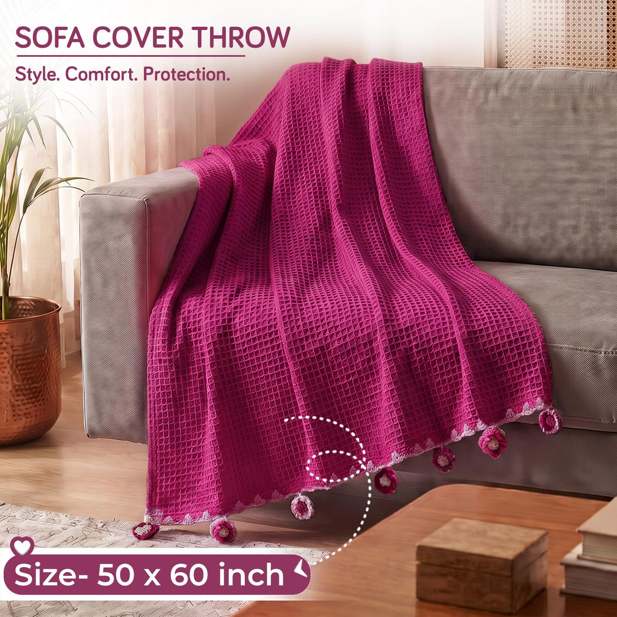 HOKIPO Floral Fringe Waffle Weave Sofa Throw Blanket, 50x60 in, Dark Pink - image 4