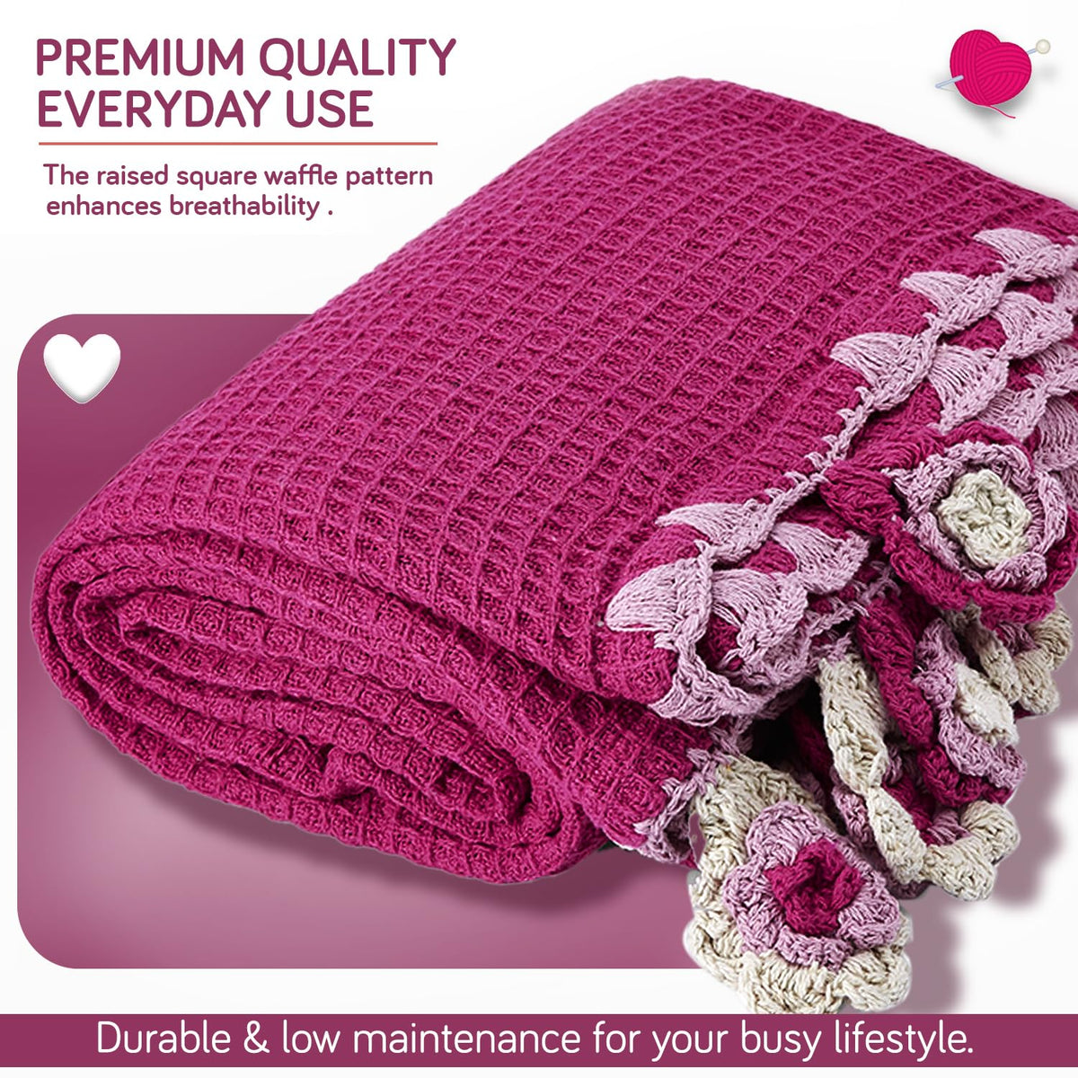 HOKIPO Floral Fringe Waffle Weave Sofa Throw Blanket, 50x60 in, Dark Pink - image 6