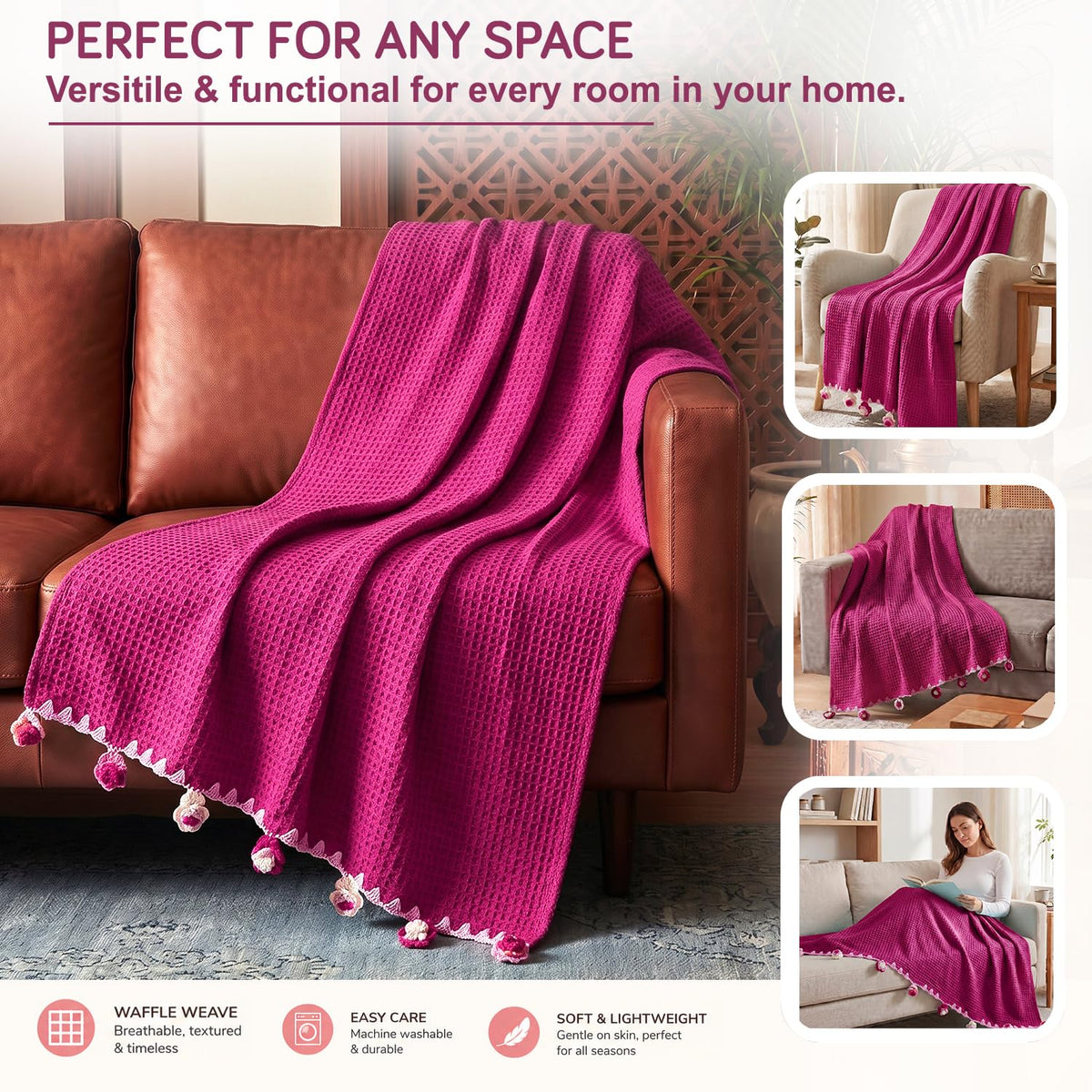 HOKIPO Floral Fringe Waffle Weave Sofa Throw Blanket, 50x60 in, Dark Pink - image 7