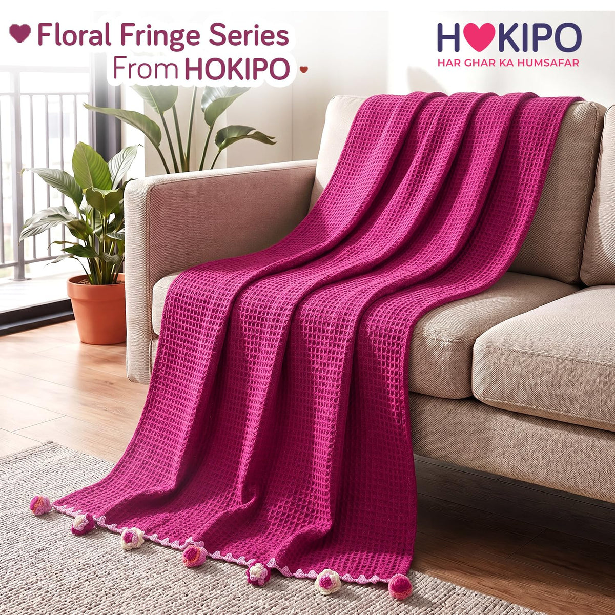 HOKIPO Floral Fringe Waffle Weave Sofa Throw Blanket, 50x60 in, Dark Pink - image 8