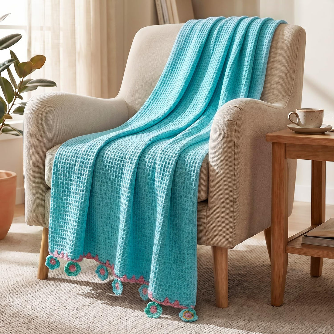 HOKIPO Floral Fringe Waffle Weave Sofa Throw Blanket, 50x60 in, Sky Blue - image 1