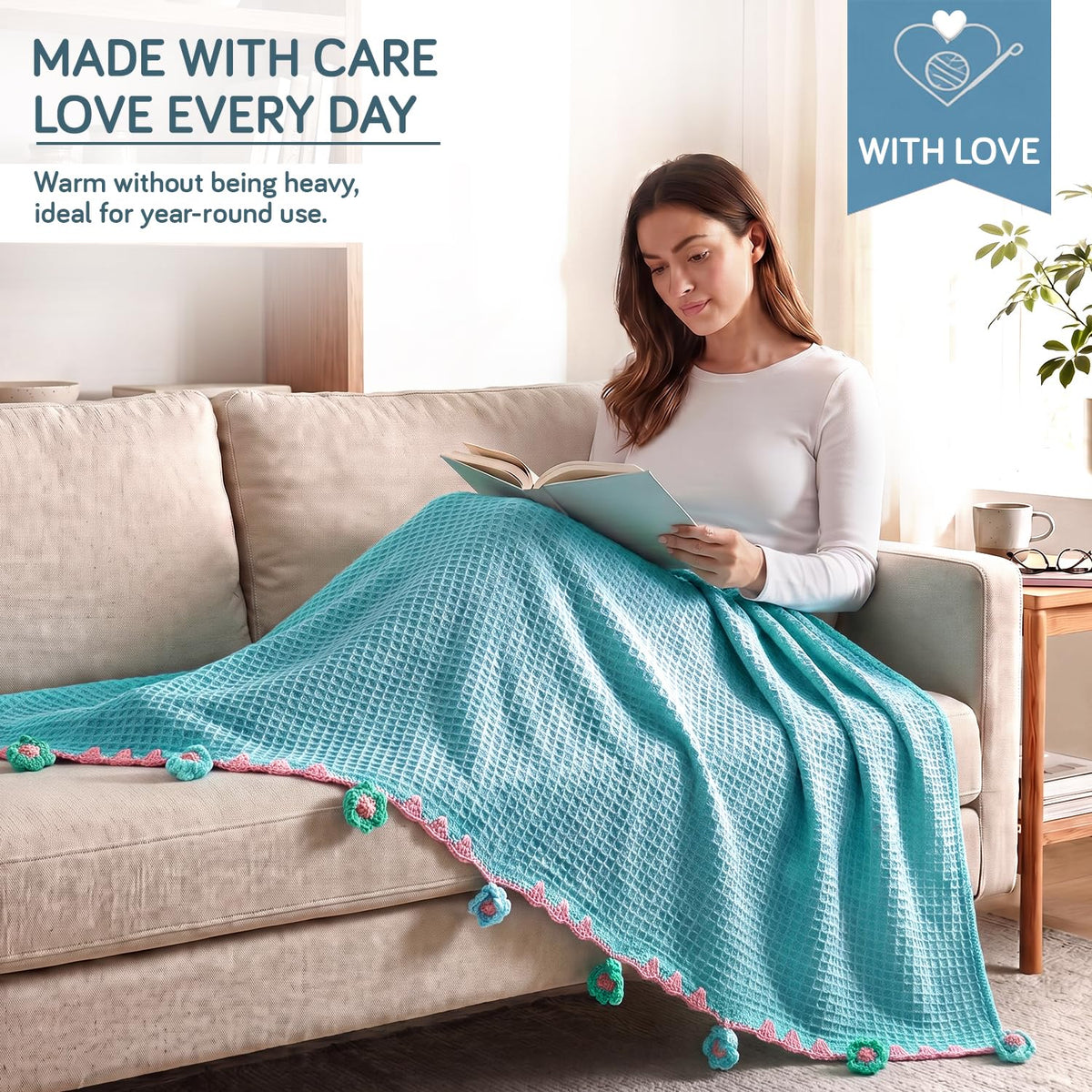 HOKIPO Floral Fringe Waffle Weave Sofa Throw Blanket, 50x60 in, Sky Blue - image 2