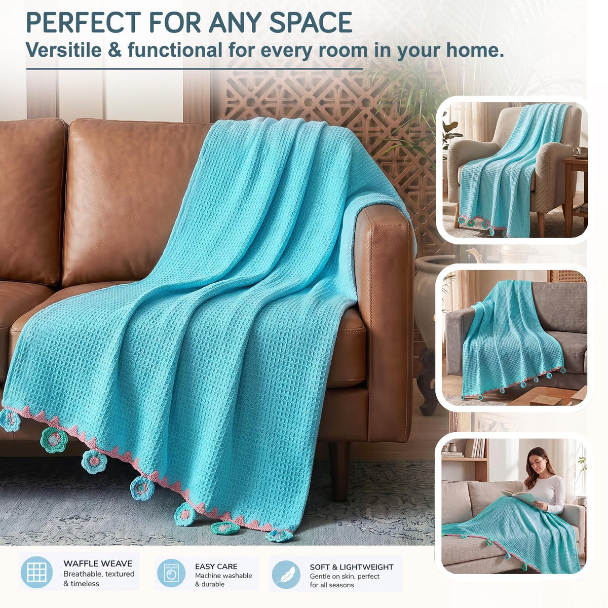 HOKIPO Floral Fringe Waffle Weave Sofa Throw Blanket, 50x60 in, Sky Blue - image 3