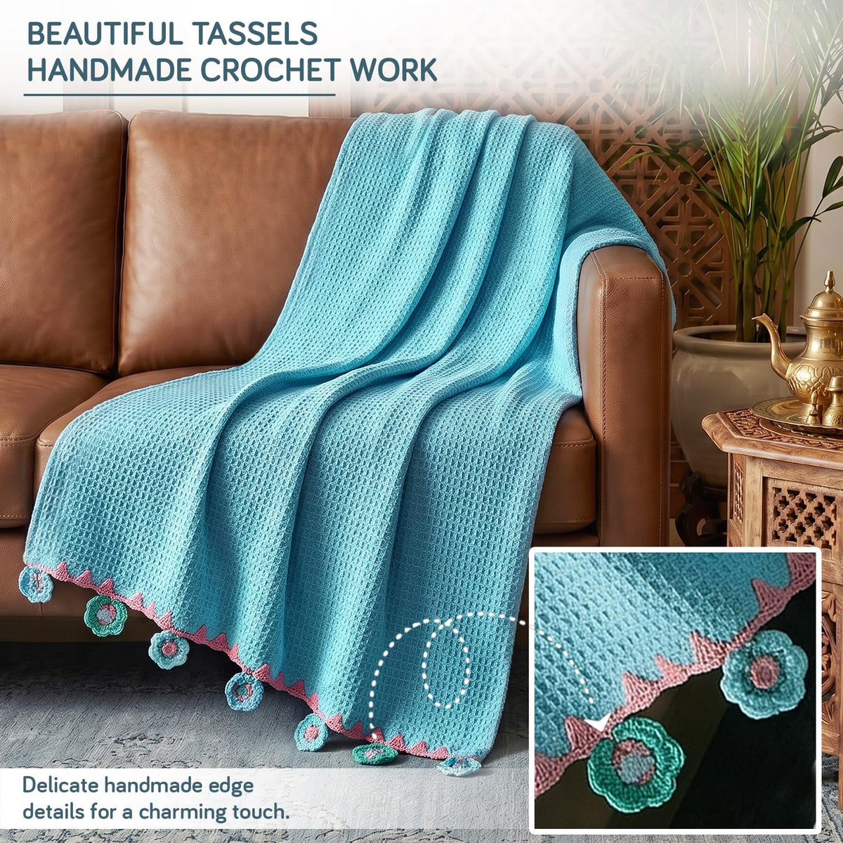 HOKIPO Floral Fringe Waffle Weave Sofa Throw Blanket, 50x60 in, Sky Blue - image 4