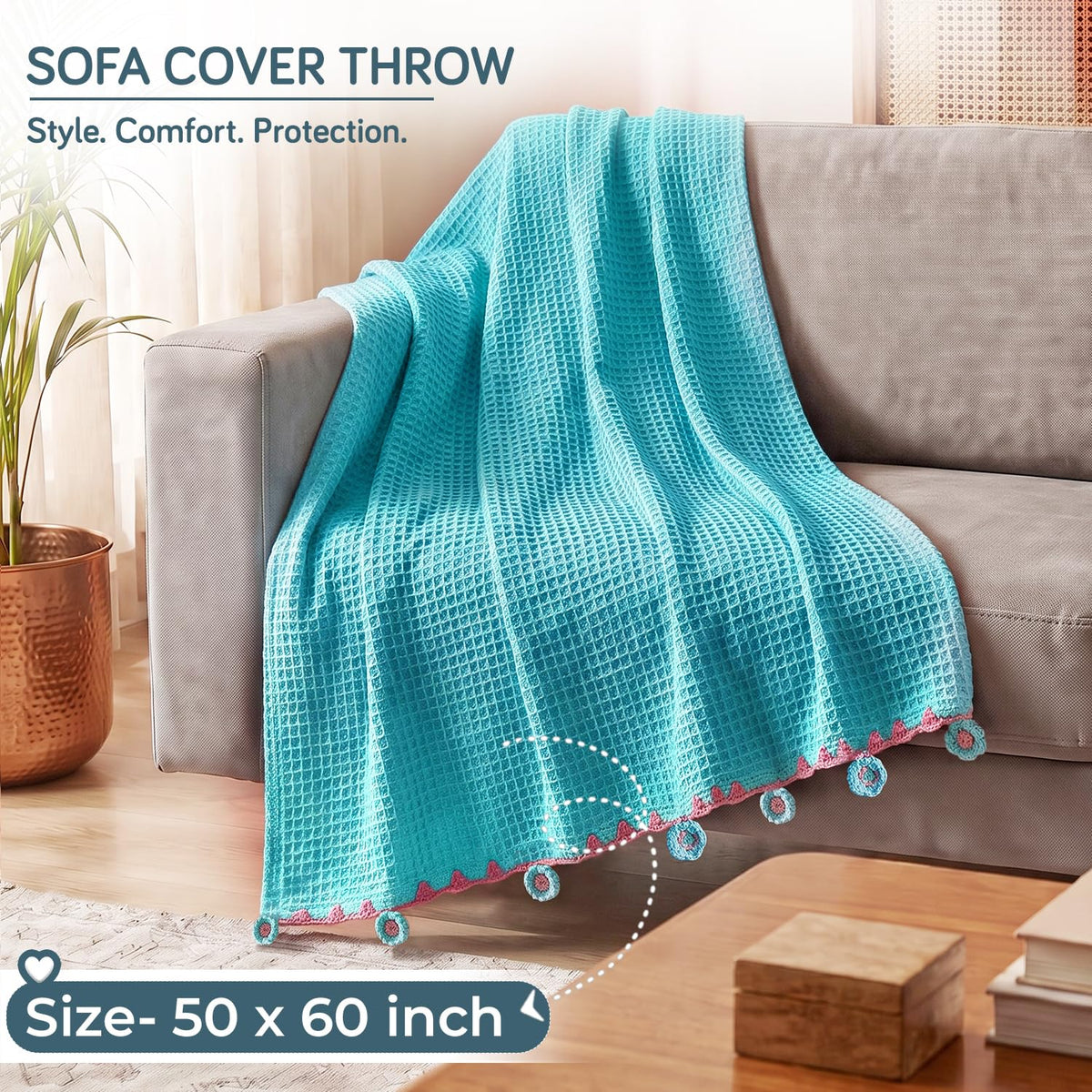 HOKIPO Floral Fringe Waffle Weave Sofa Throw Blanket, 50x60 in, Sky Blue - image 6
