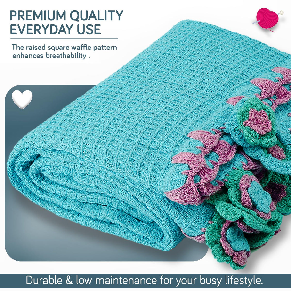 HOKIPO Floral Fringe Waffle Weave Sofa Throw Blanket, 50x60 in, Sky Blue - image 7