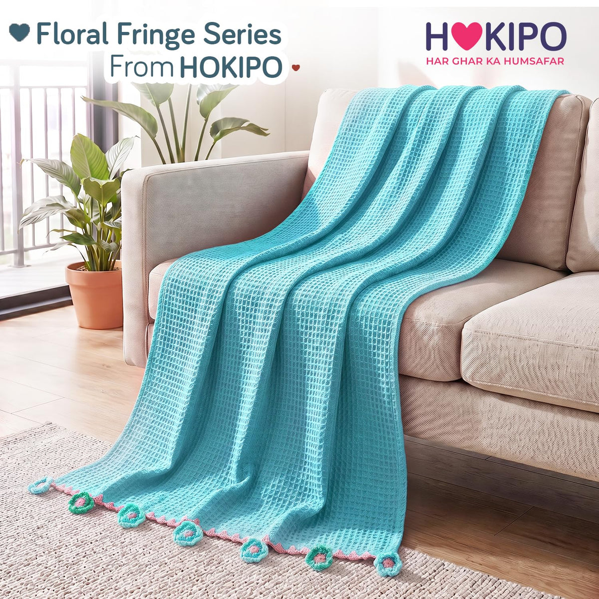HOKIPO Floral Fringe Waffle Weave Sofa Throw Blanket, 50x60 in, Sky Blue - image 8