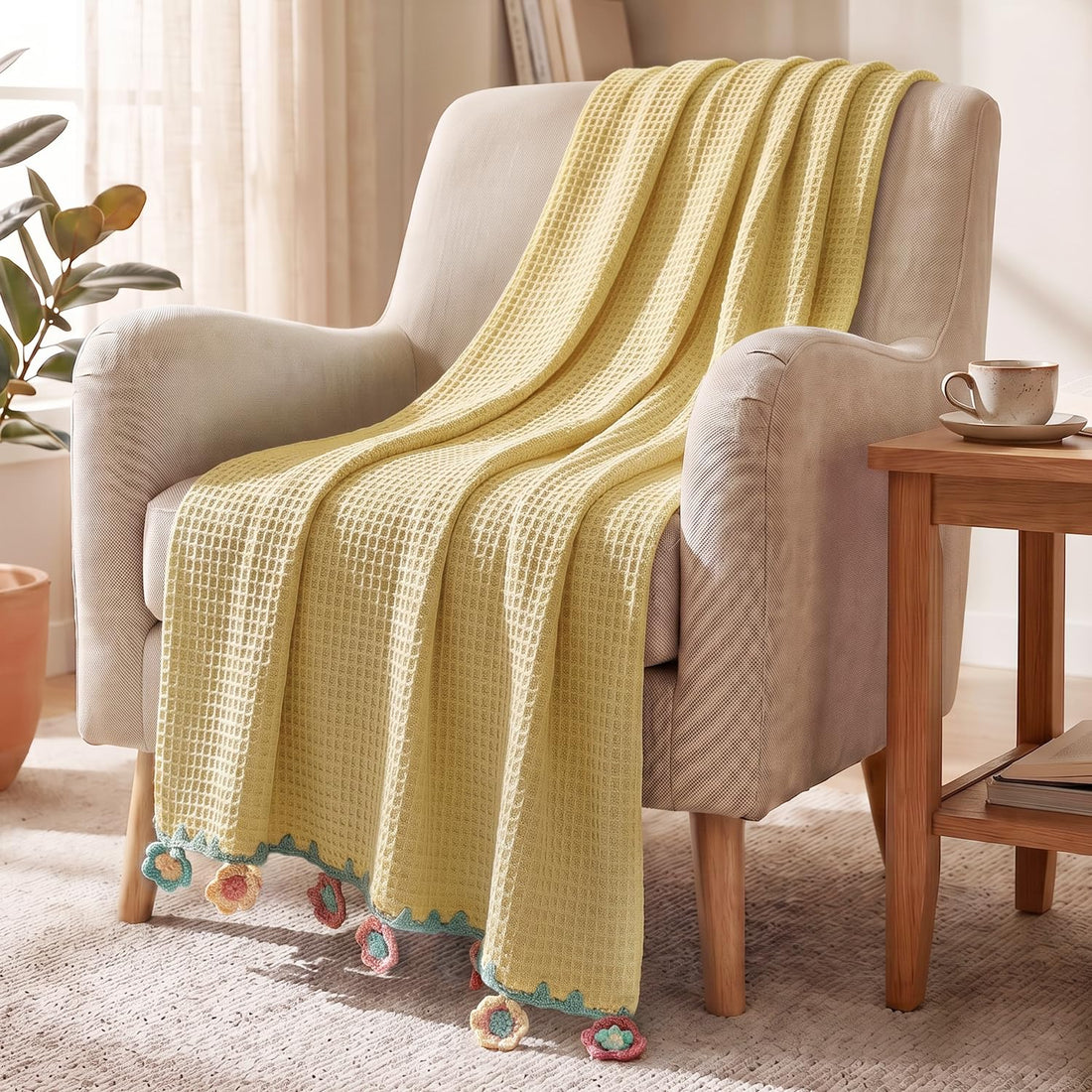 HOKIPO Floral Fringe Waffle Weave Sofa Throw Blanket, 50x60 in, Yellow - image 1