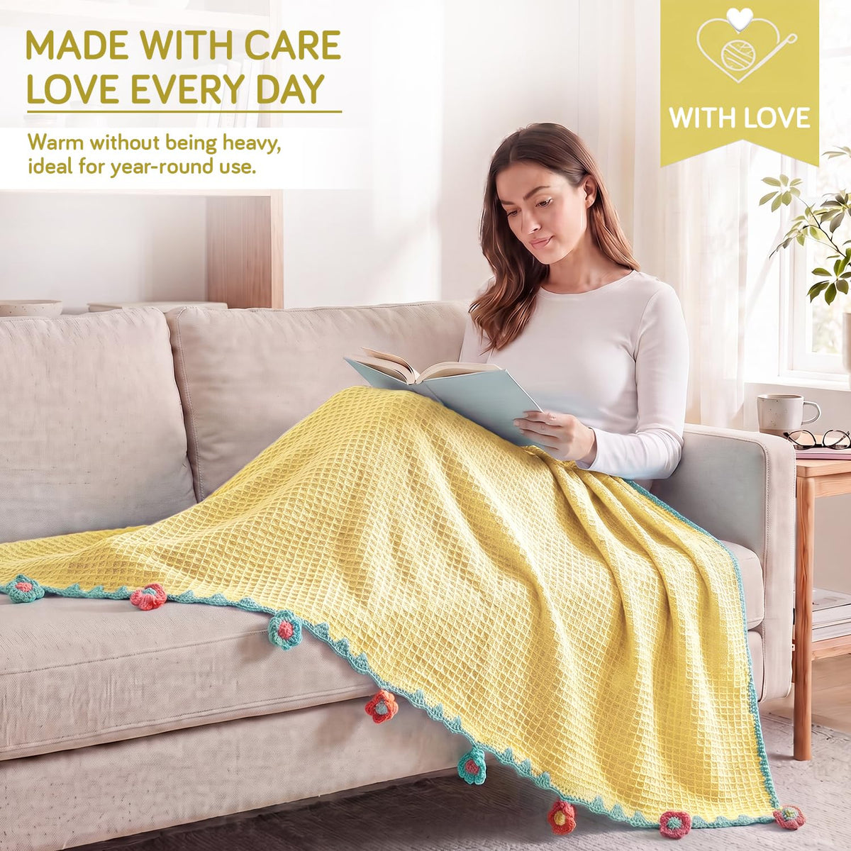 HOKIPO Floral Fringe Waffle Weave Sofa Throw Blanket, 50x60 in, Yellow - image 2