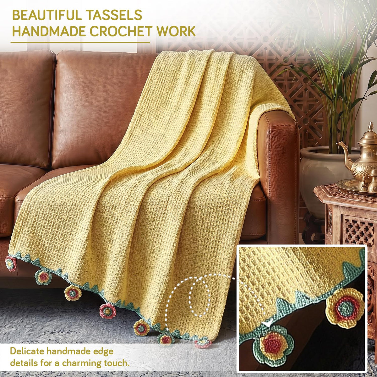 HOKIPO Floral Fringe Waffle Weave Sofa Throw Blanket, 50x60 in, Yellow - image 3