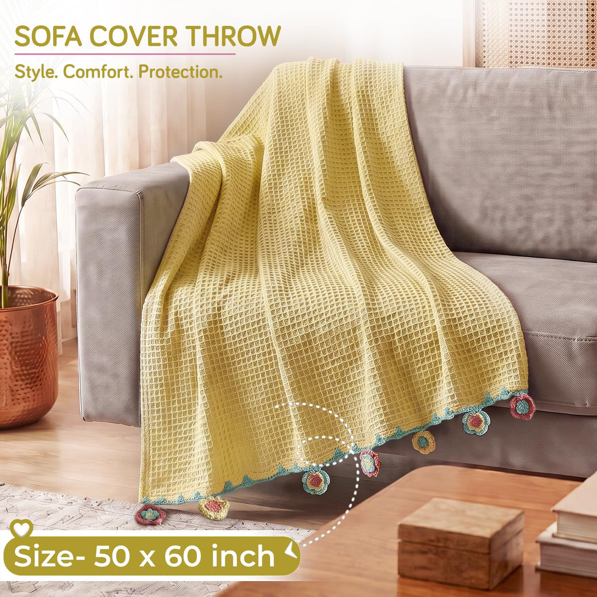 HOKIPO Floral Fringe Waffle Weave Sofa Throw Blanket, 50x60 in, Yellow - image 5