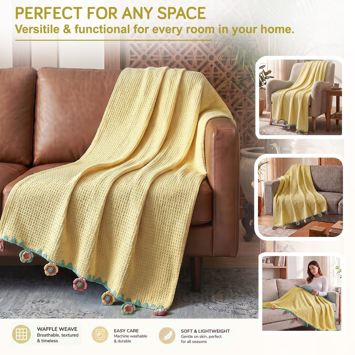 HOKIPO Floral Fringe Waffle Weave Sofa Throw Blanket, 50x60 in, Yellow - image 6
