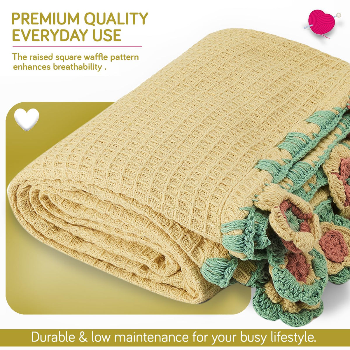 HOKIPO Floral Fringe Waffle Weave Sofa Throw Blanket, 50x60 in, Yellow - image 7