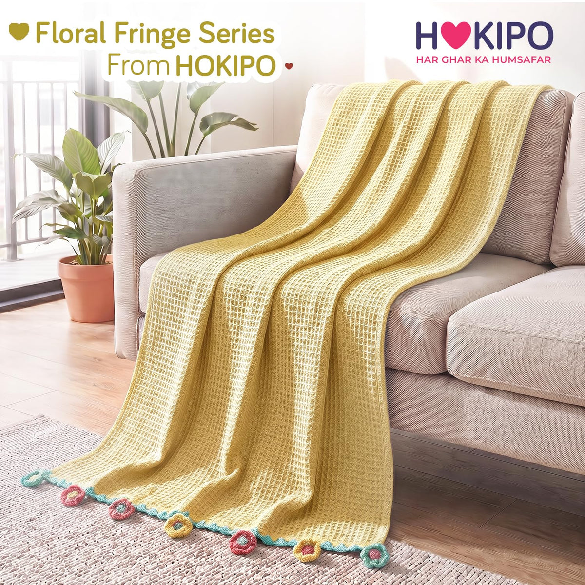 HOKIPO Floral Fringe Waffle Weave Sofa Throw Blanket, 50x60 in, Yellow - image 8