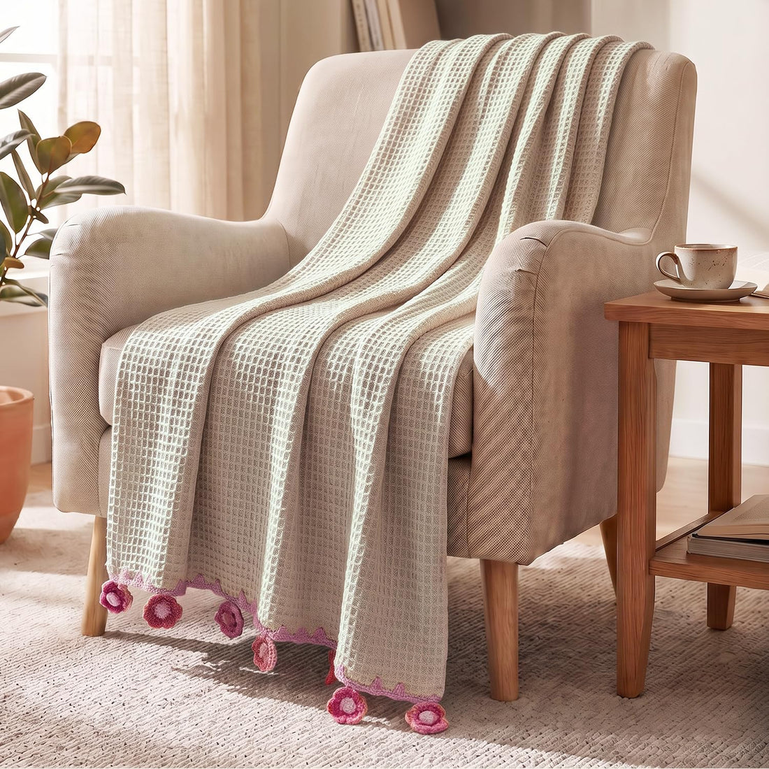 HOKIPO Floral Fringe Waffle Weave Sofa Throw Blanket, 50x60 in, White - image 1