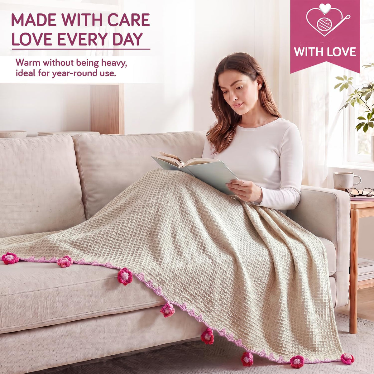 HOKIPO Floral Fringe Waffle Weave Sofa Throw Blanket, 50x60 in, White - image 2
