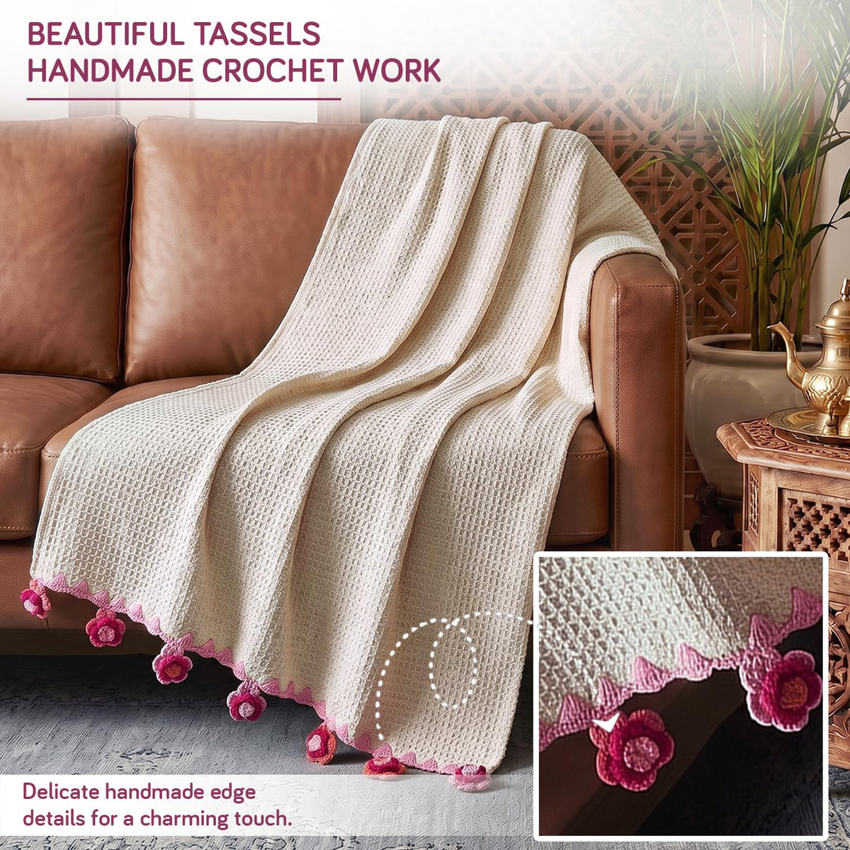 HOKIPO Floral Fringe Waffle Weave Sofa Throw Blanket, 50x60 in, White - image 3