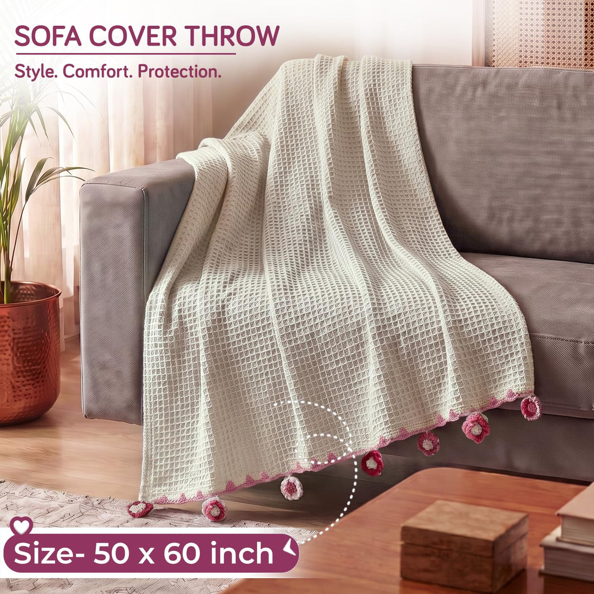 HOKIPO Floral Fringe Waffle Weave Sofa Throw Blanket, 50x60 in, White - image 5