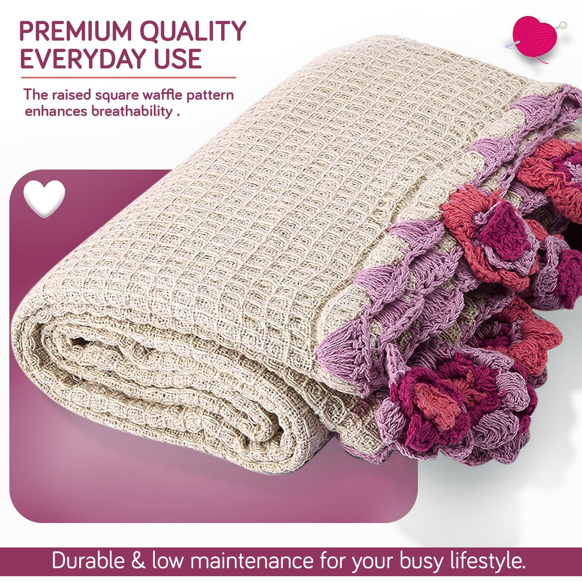 HOKIPO Floral Fringe Waffle Weave Sofa Throw Blanket, 50x60 in, White - image 6