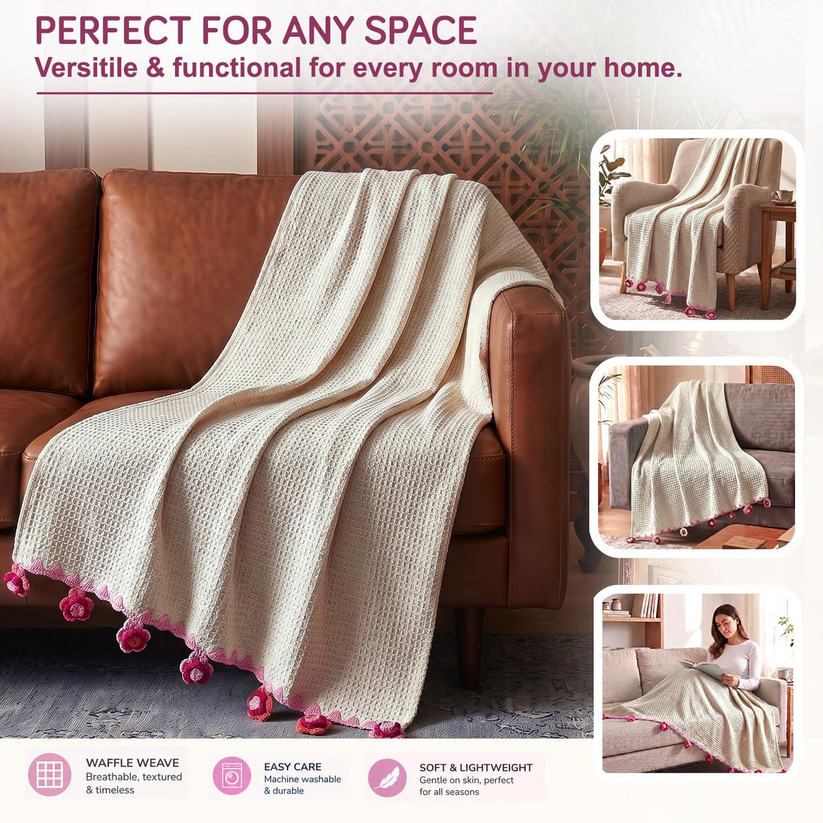 HOKIPO Floral Fringe Waffle Weave Sofa Throw Blanket, 50x60 in, White - image 7