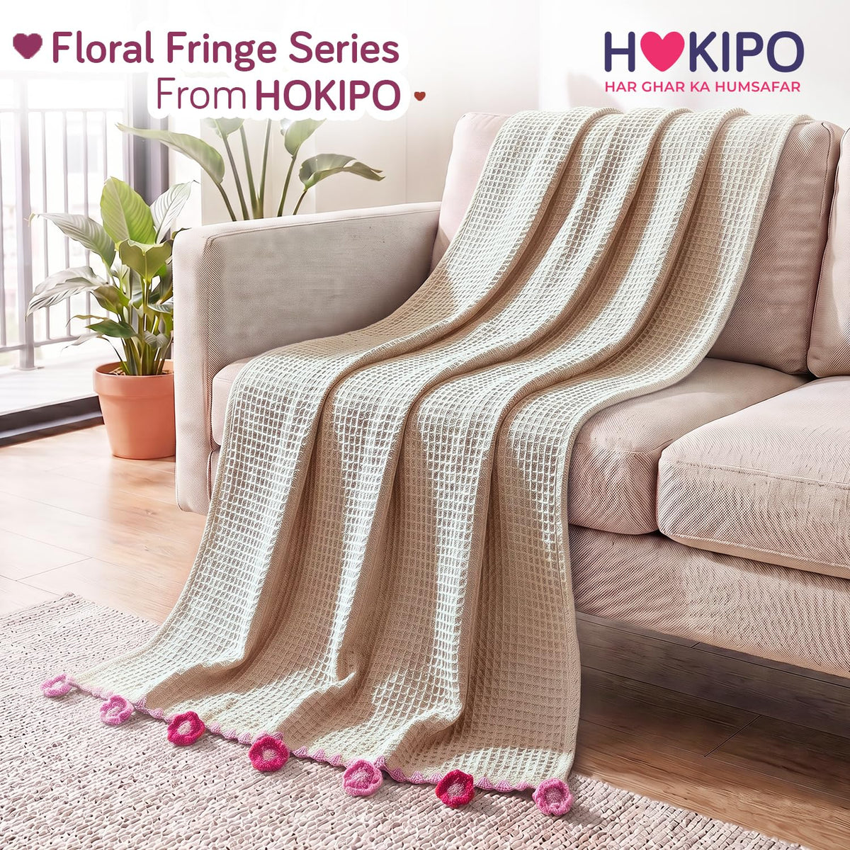 HOKIPO Floral Fringe Waffle Weave Sofa Throw Blanket, 50x60 in, White - image 8