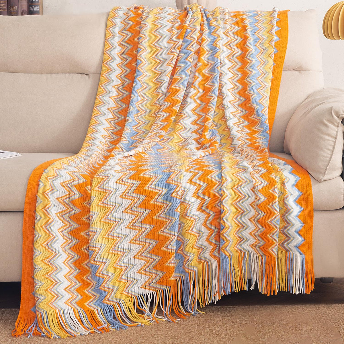 HOKIPO Boho Chevron Knit Sofa Throw Blanket, 50x65 in, Sorrento Sunset - image 1