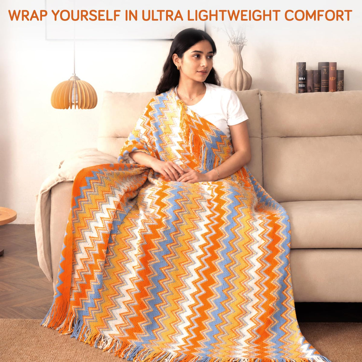 HOKIPO Boho Chevron Knit Sofa Throw Blanket, 50x65 in, Sorrento Sunset - image 6
