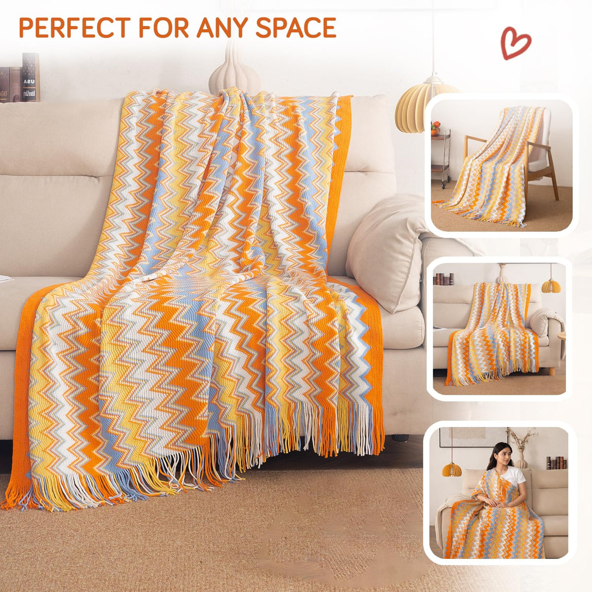 HOKIPO Boho Chevron Knit Sofa Throw Blanket, 50x65 in, Sorrento Sunset - image 7