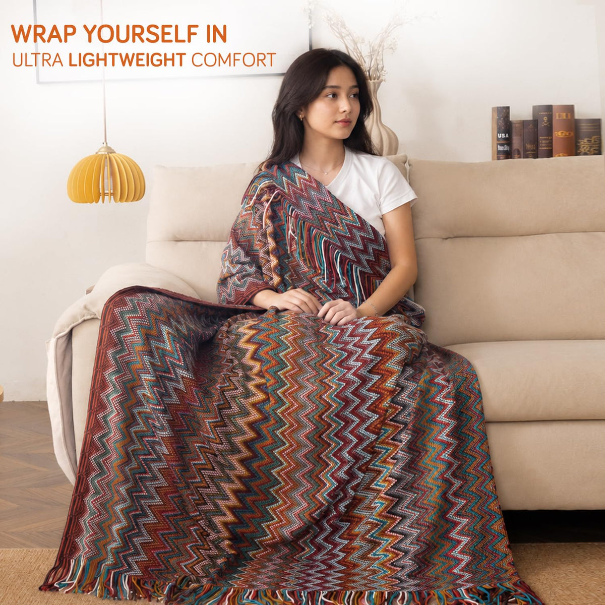 HOKIPO Boho Chevron Knit Sofa Throw Blanket, 50x65 in, Marrakech Mosaic - image 2