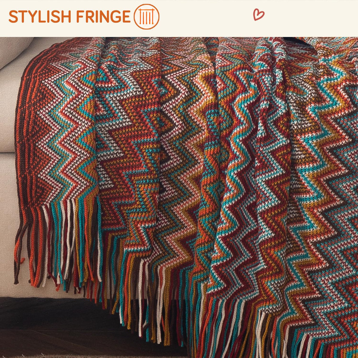 HOKIPO Boho Chevron Knit Sofa Throw Blanket, 50x65 in, Marrakech Mosaic - image 3