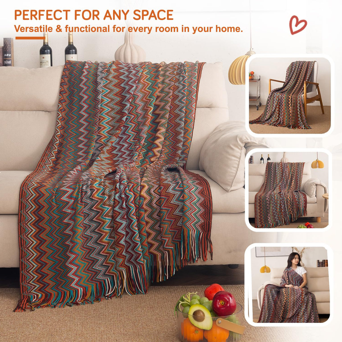 HOKIPO Boho Chevron Knit Sofa Throw Blanket, 50x65 in, Marrakech Mosaic - image 6