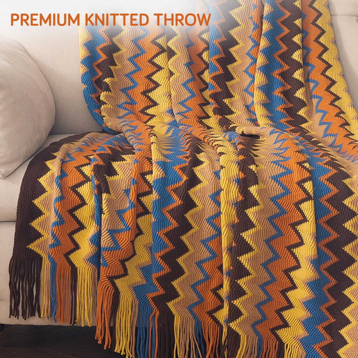 HOKIPO Boho Chevron Knit Sofa Throw Blanket, 50x65 in, Sahara Azure - image 2
