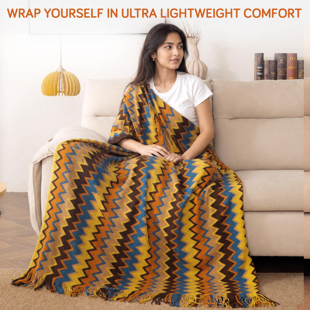 HOKIPO Boho Chevron Knit Sofa Throw Blanket, 50x65 in, Sahara Azure - image 6