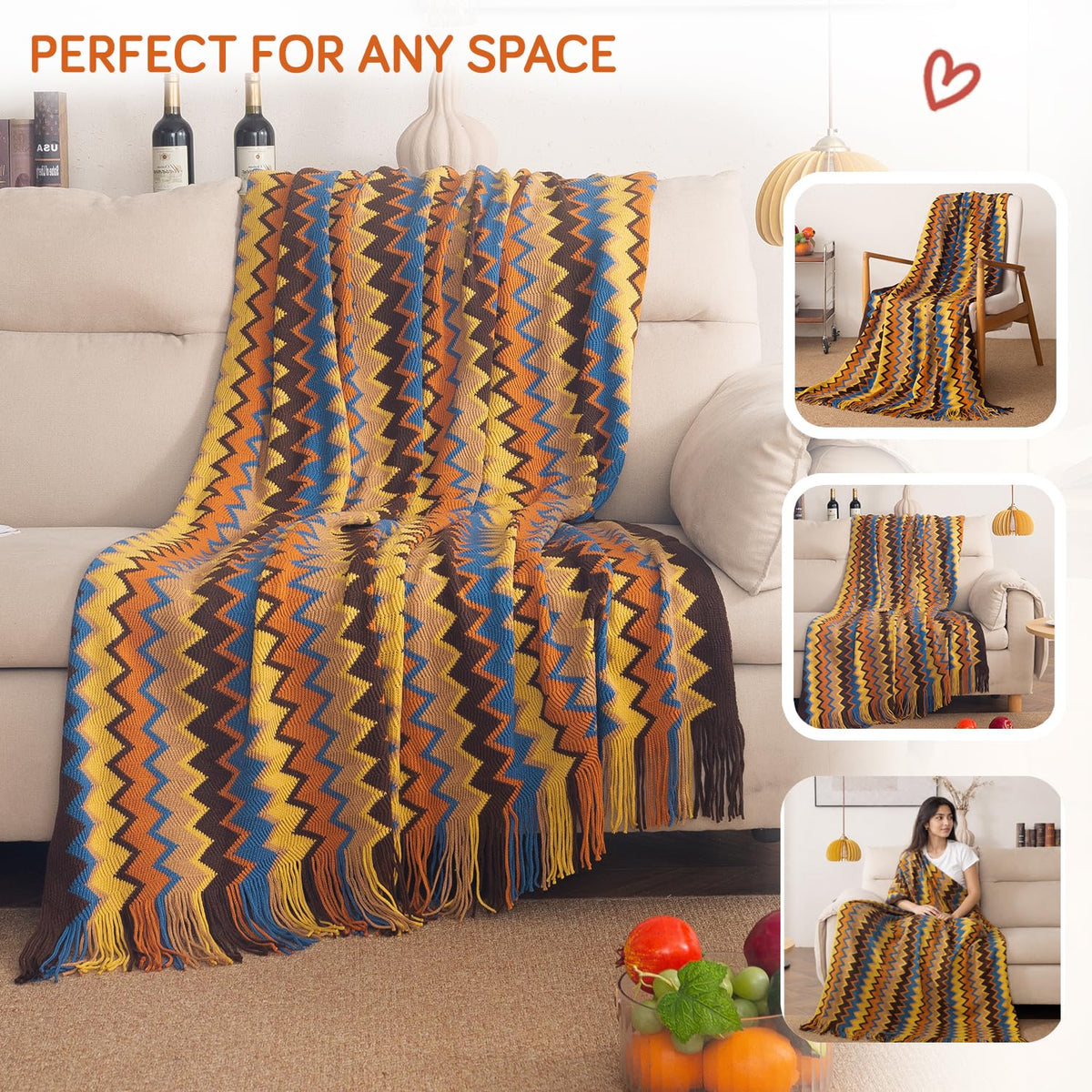 HOKIPO Boho Chevron Knit Sofa Throw Blanket, 50x65 in, Sahara Azure - image 7