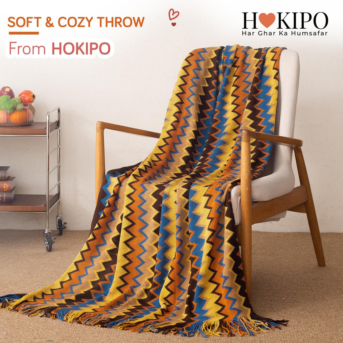 HOKIPO Boho Chevron Knit Sofa Throw Blanket, 50x65 in, Sahara Azure - image 8