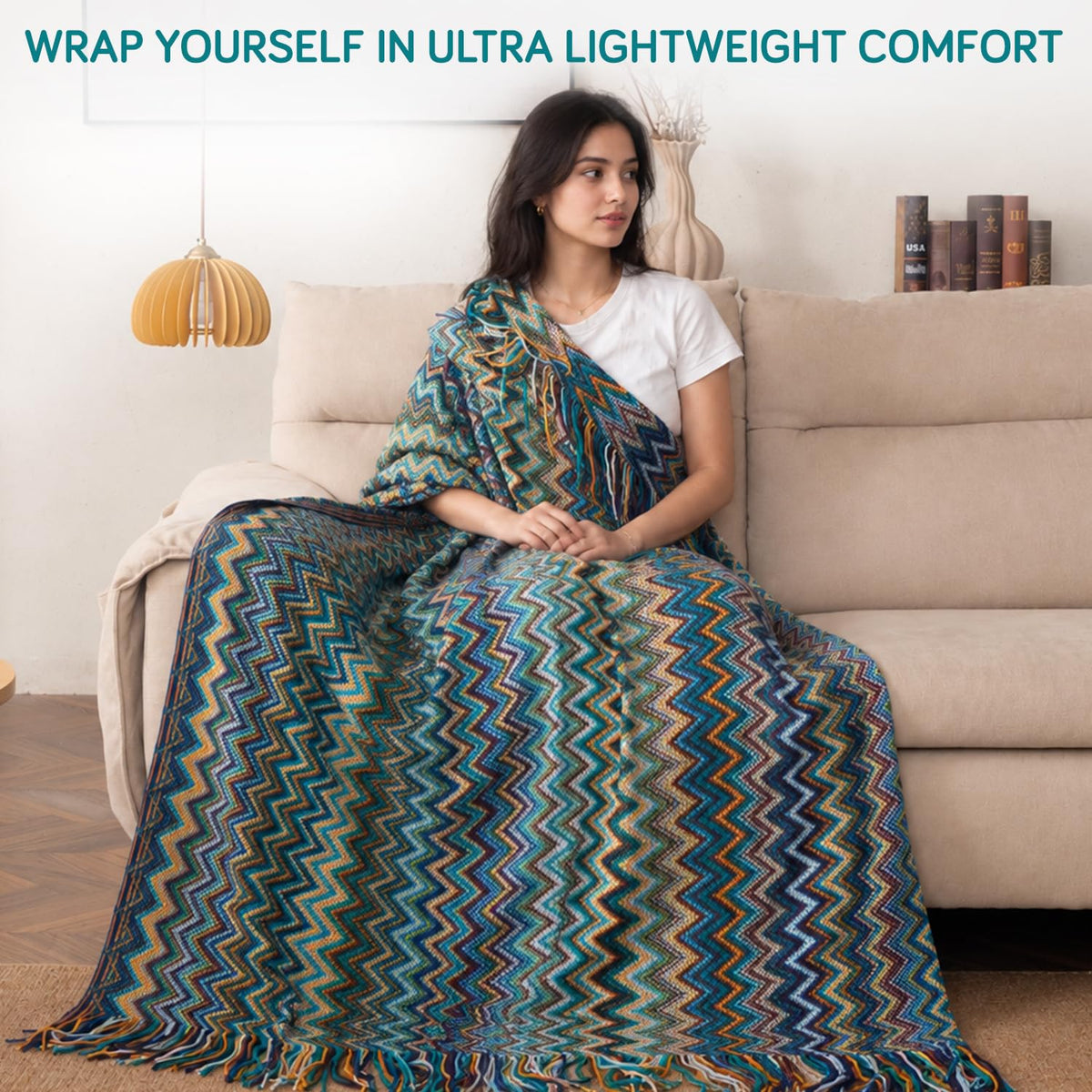 HOKIPO Boho Chevron Knit Sofa Throw Blanket, 50x65 in, Mediterranean Mist - image 2