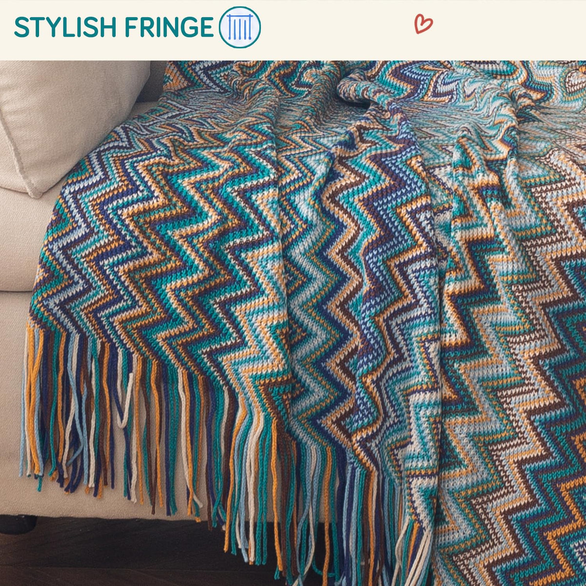 HOKIPO Boho Chevron Knit Sofa Throw Blanket, 50x65 in, Mediterranean Mist - image 3