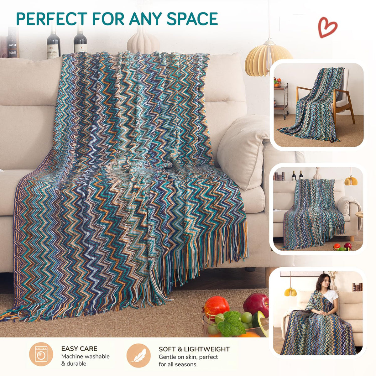 HOKIPO Boho Chevron Knit Sofa Throw Blanket, 50x65 in, Mediterranean Mist - image 6