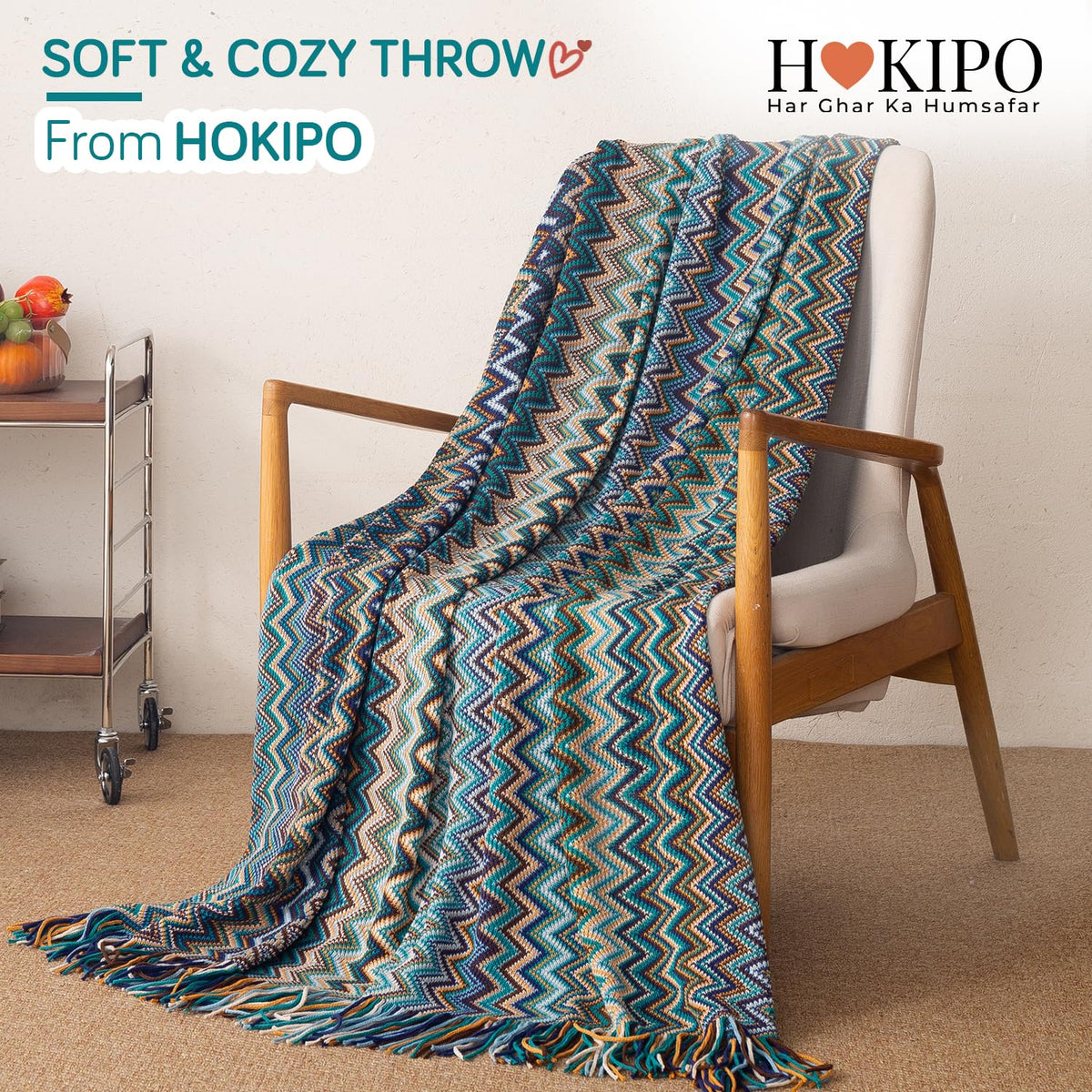 HOKIPO Boho Chevron Knit Sofa Throw Blanket, 50x65 in, Mediterranean Mist - image 7