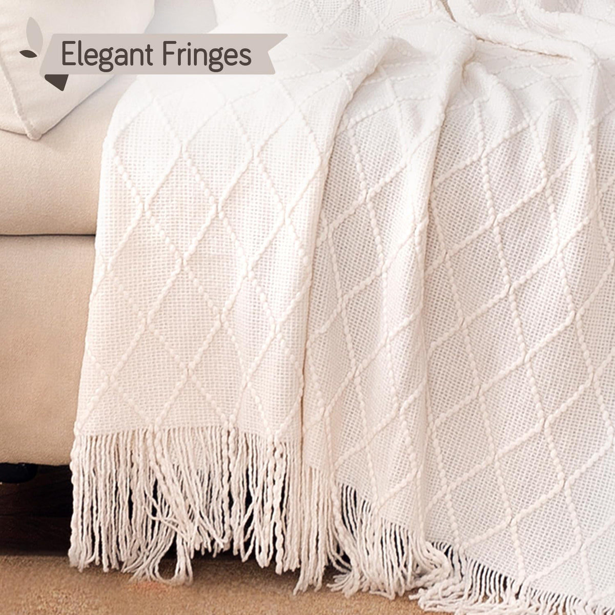 HOKIPO Diamond Knit Sofa Throw Blanket for Sofa, 50x65 in, Pearl White - image 2