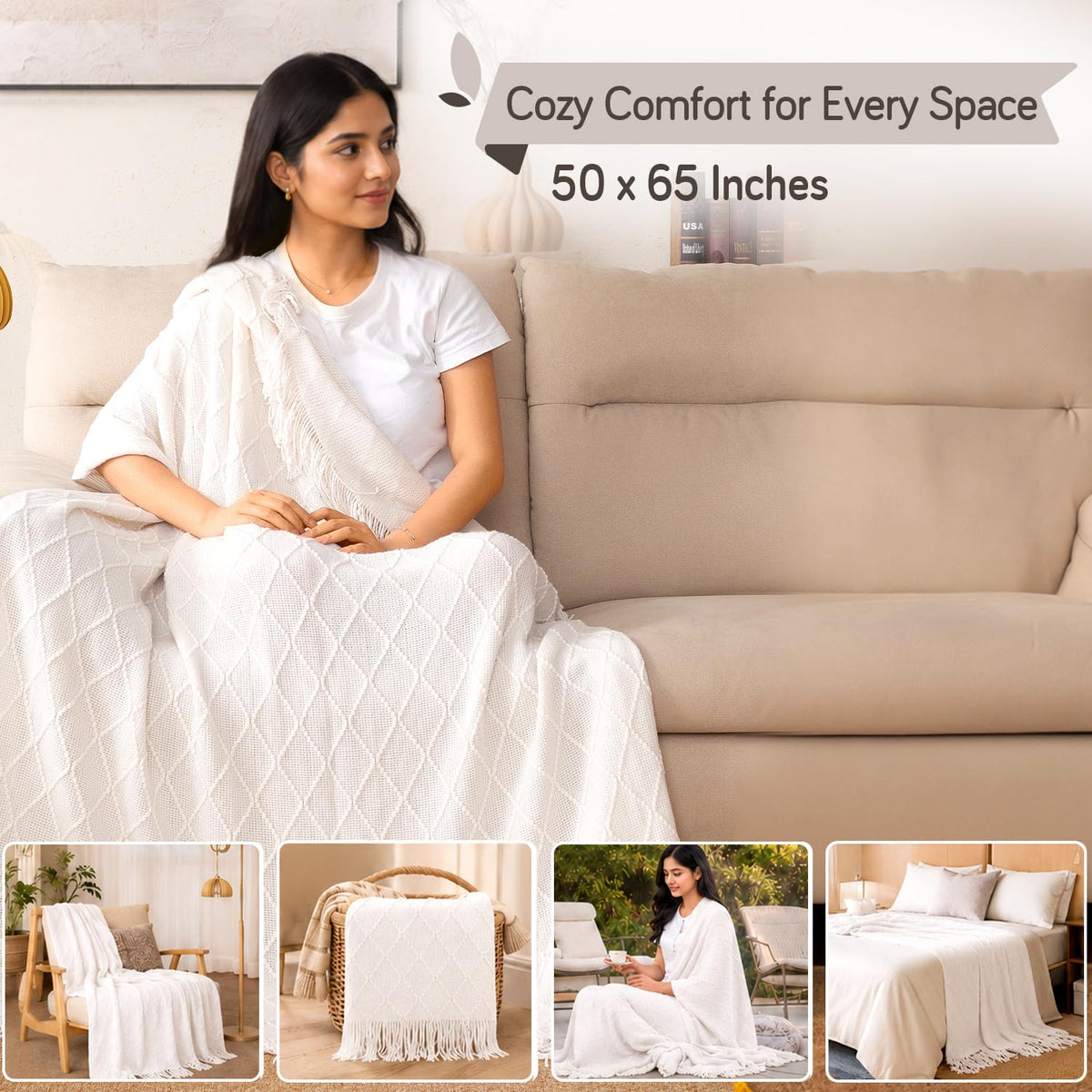 HOKIPO Diamond Knit Sofa Throw Blanket for Sofa, 50x65 in, Pearl White - image 6