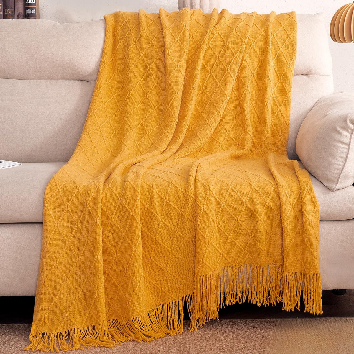 HOKIPO Diamond Knit Sofa Throw Blanket for Sofa, 50x65 in, Golden Ochre - image 1